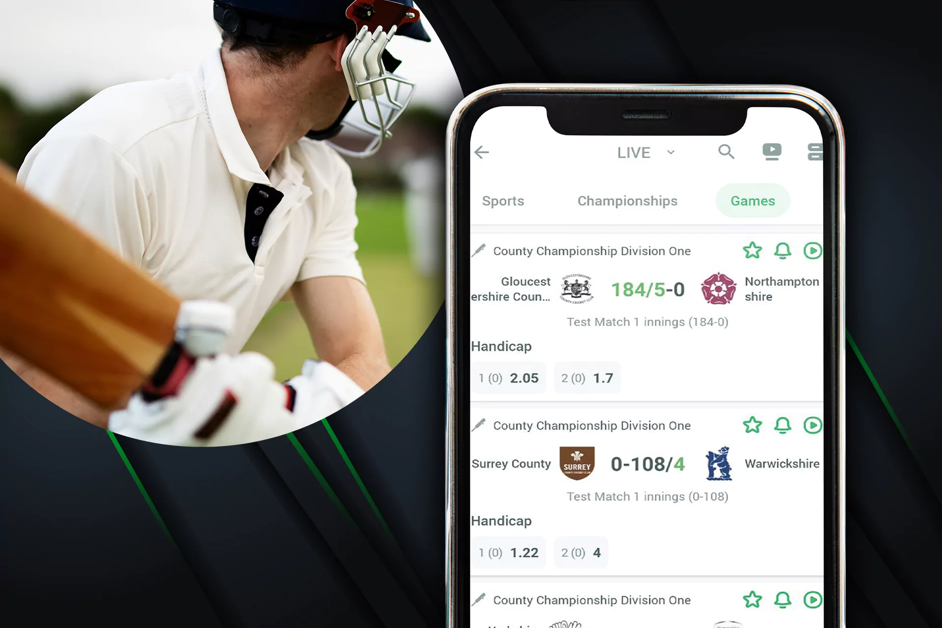 Place bets on cricket right in the app.