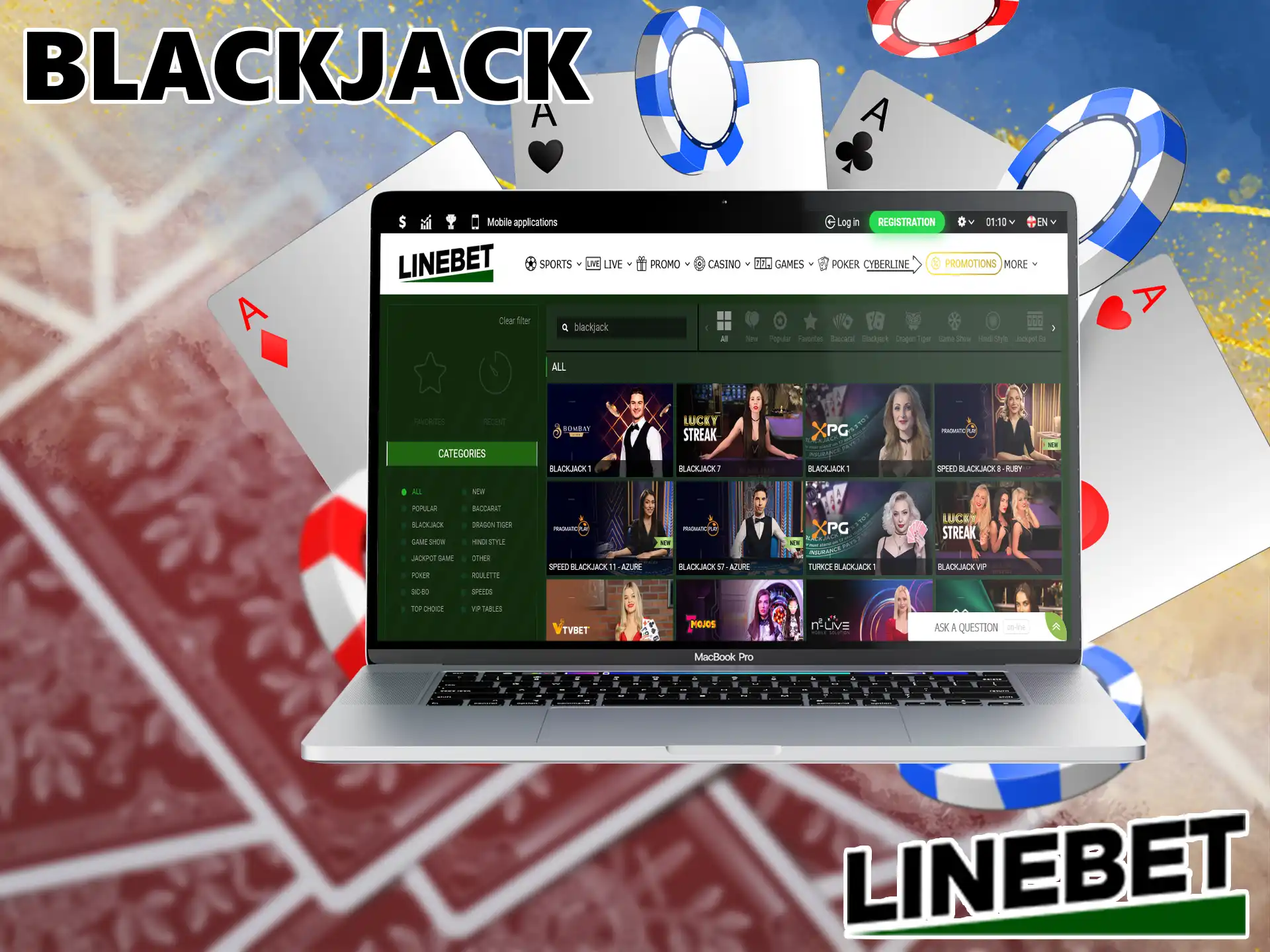 Play the very popular gambling game at Linebet Casino, you have to get no more than 21 points to win.