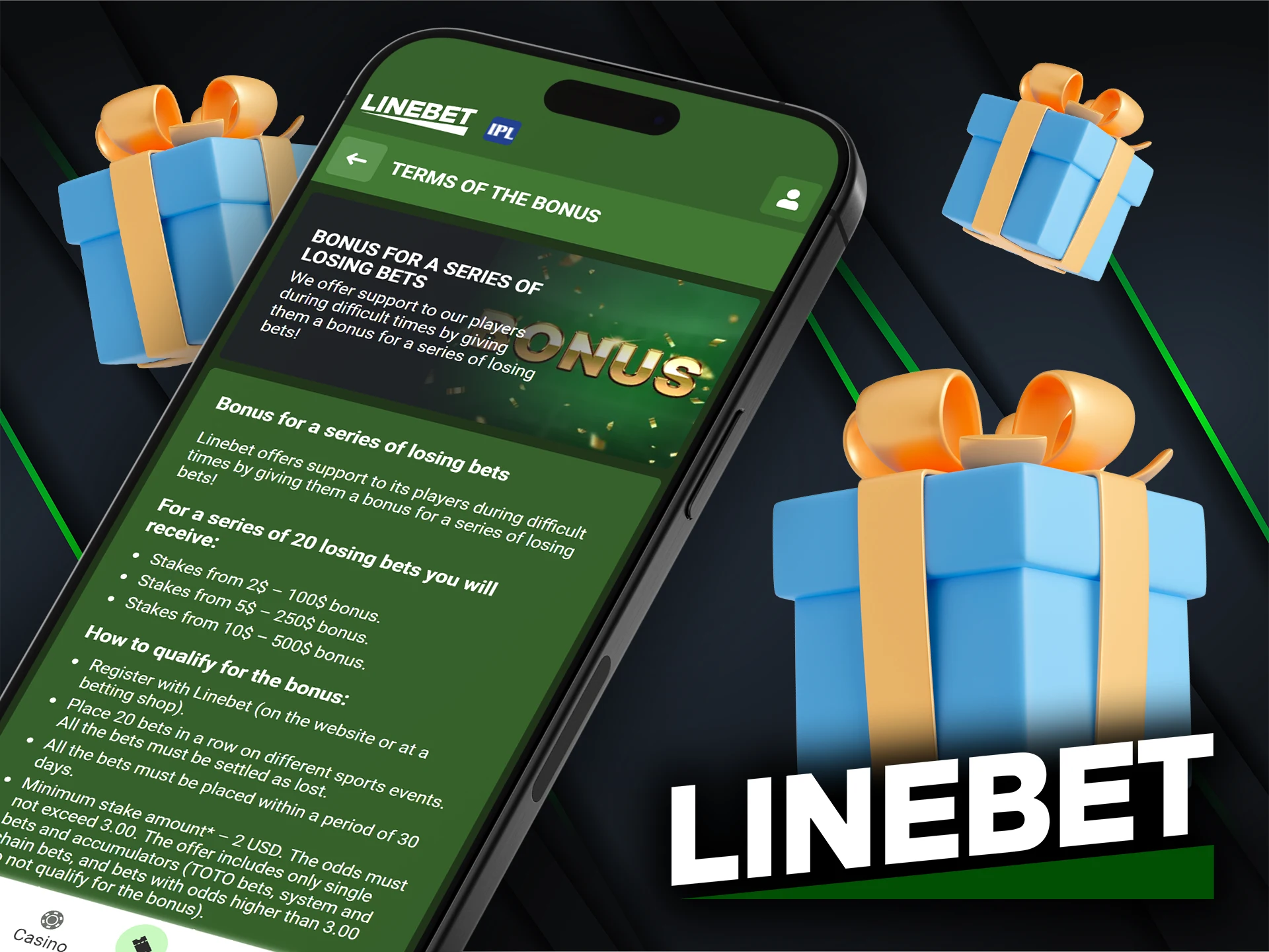 Insure your bet at Linebet and get a bonus for a series of losing bets.