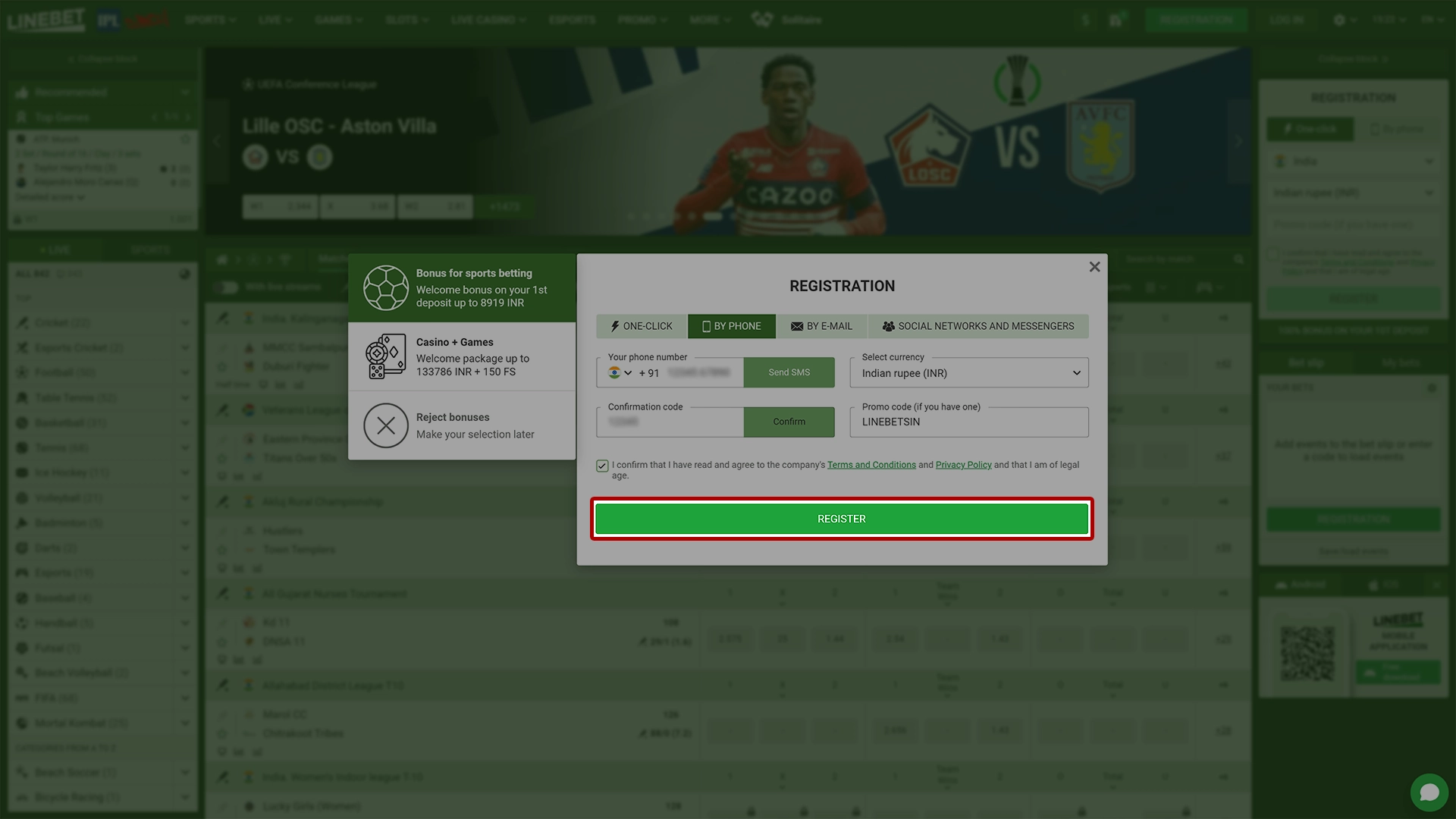Confirm the creation of your Linebet account.